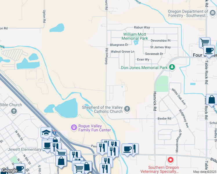 map of restaurants, bars, coffee shops, grocery stores, and more near 5154-5178 Gebhard Rd in Central Point