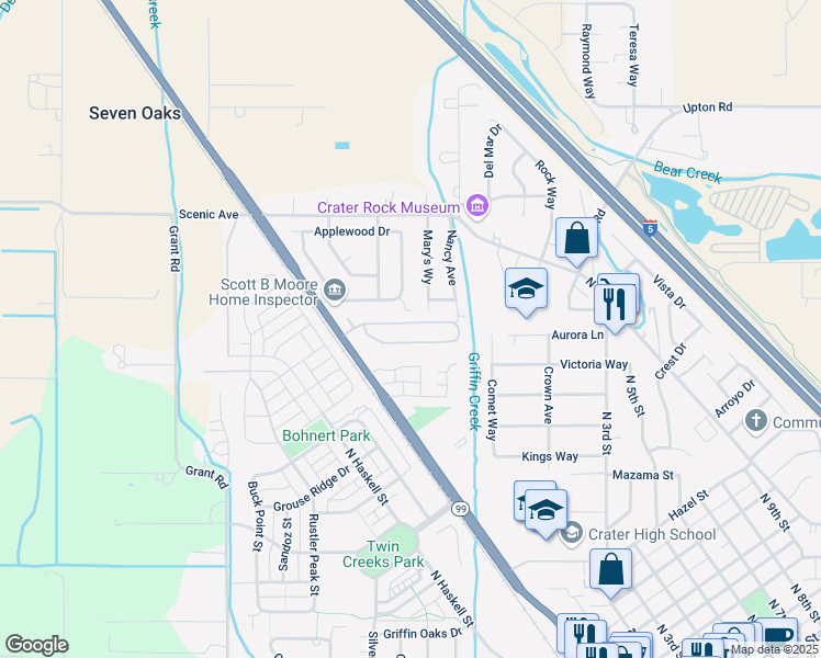 map of restaurants, bars, coffee shops, grocery stores, and more near 326 Marian Avenue in Central Point