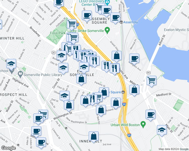 map of restaurants, bars, coffee shops, grocery stores, and more near 129 Perkins Street in Somerville
