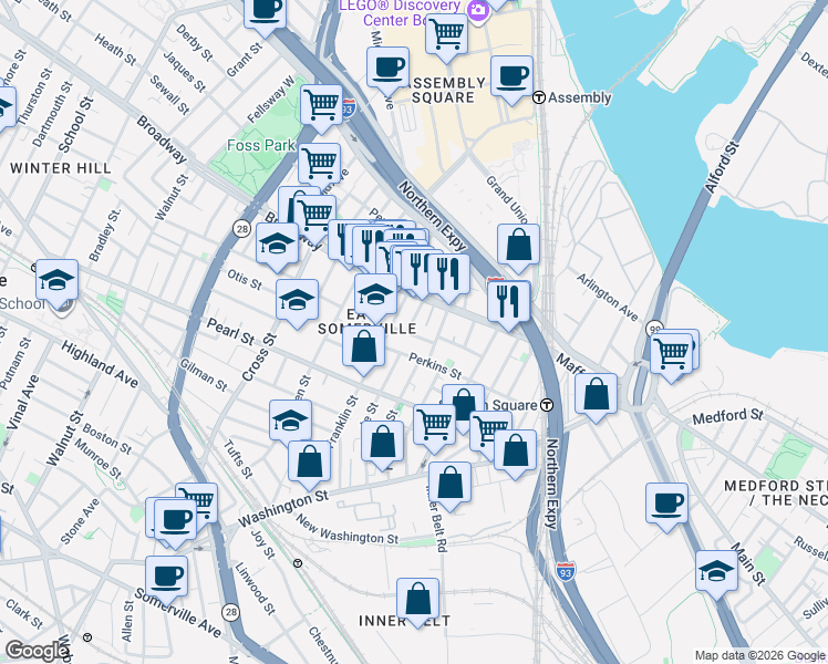 map of restaurants, bars, coffee shops, grocery stores, and more near 129 Perkins Street in Somerville