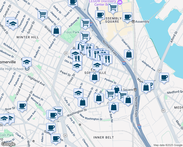map of restaurants, bars, coffee shops, grocery stores, and more near 16 Webster Street in Somerville