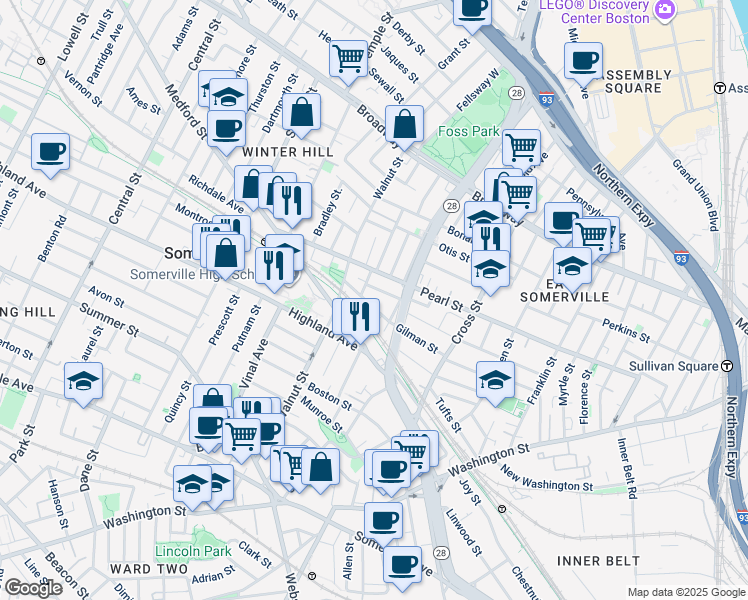 map of restaurants, bars, coffee shops, grocery stores, and more near 285 Medford Street in Somerville