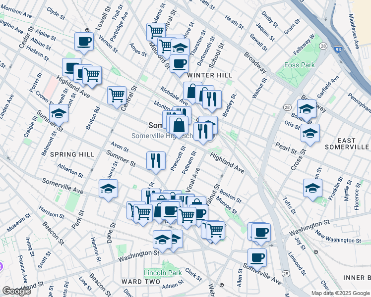 map of restaurants, bars, coffee shops, grocery stores, and more near 44 Prescott Street in Somerville