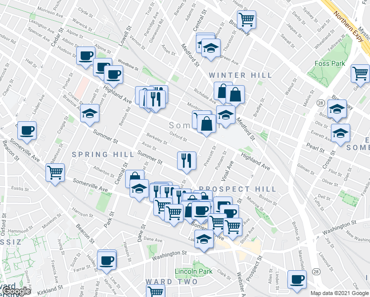 map of restaurants, bars, coffee shops, grocery stores, and more near 90 School Street in Somerville