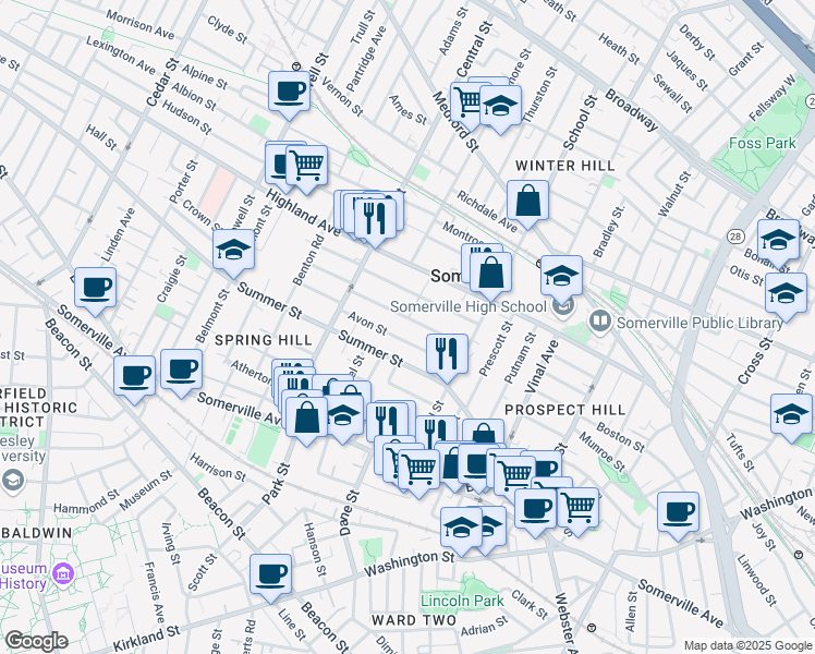 map of restaurants, bars, coffee shops, grocery stores, and more near 27 Avon Street in Somerville