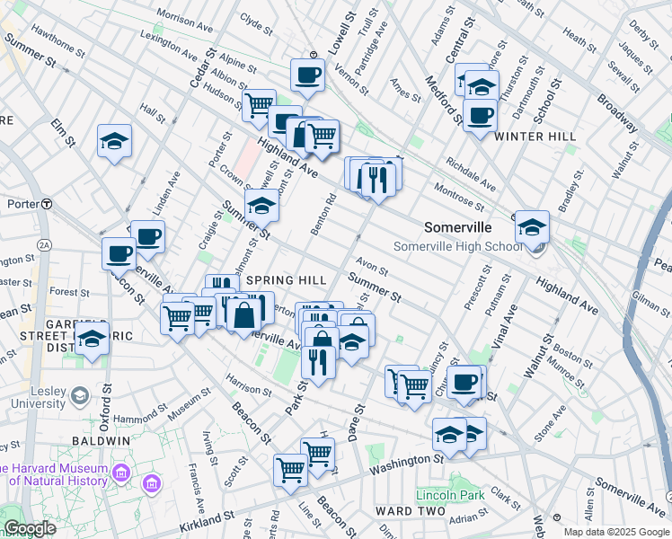 map of restaurants, bars, coffee shops, grocery stores, and more near 9 Monmouth Street in Somerville