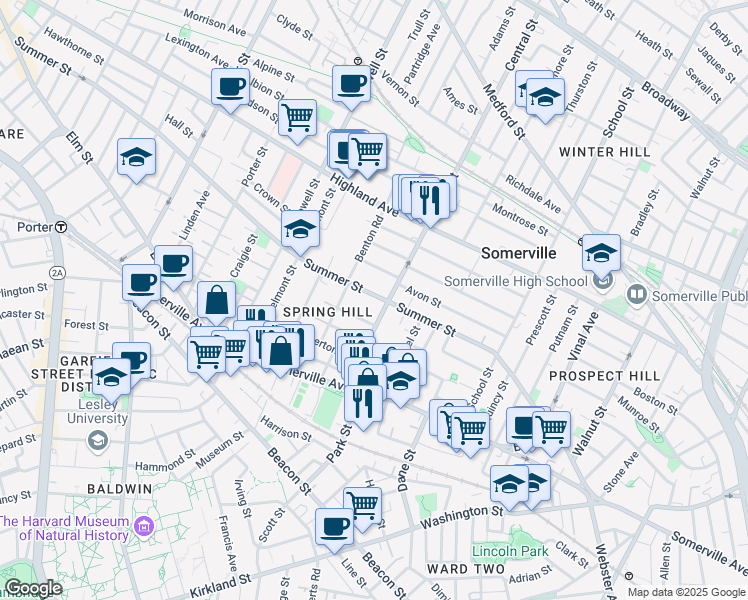 map of restaurants, bars, coffee shops, grocery stores, and more near 9 Monmouth Street in Somerville