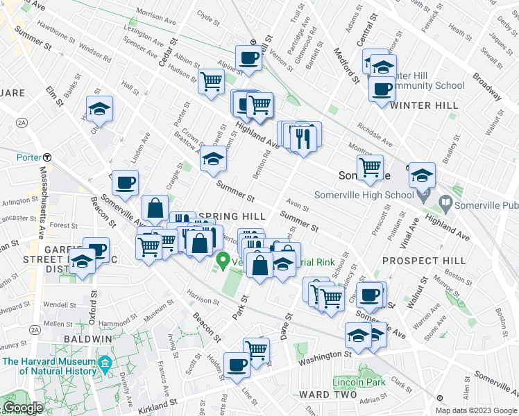 map of restaurants, bars, coffee shops, grocery stores, and more near 9 Monmouth Street in Somerville