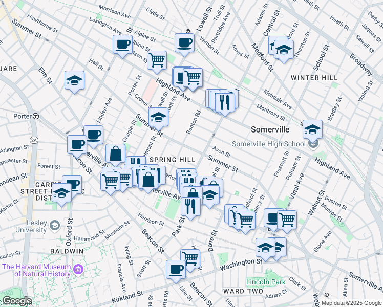 map of restaurants, bars, coffee shops, grocery stores, and more near 9 Monmouth Street in Somerville