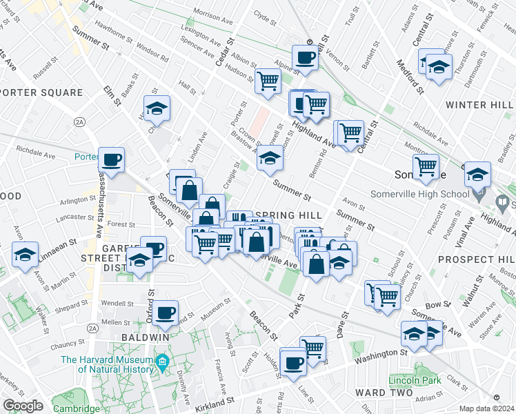 map of restaurants, bars, coffee shops, grocery stores, and more near 32 Spring Street in Somerville