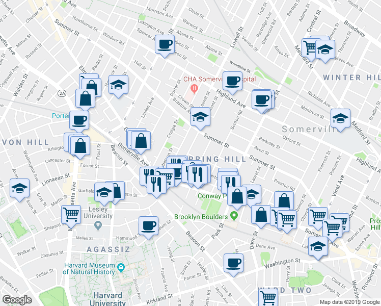 map of restaurants, bars, coffee shops, grocery stores, and more near 32 Spring Street in Somerville