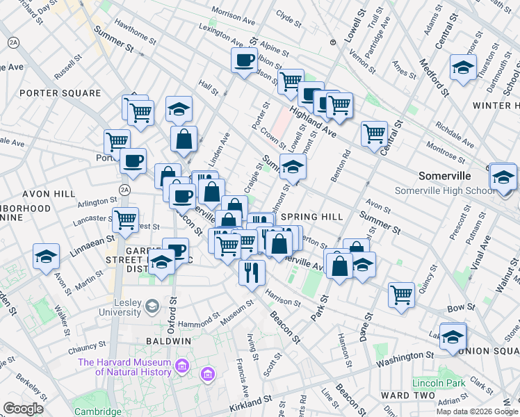 map of restaurants, bars, coffee shops, grocery stores, and more near 22 Belmont Street in Somerville