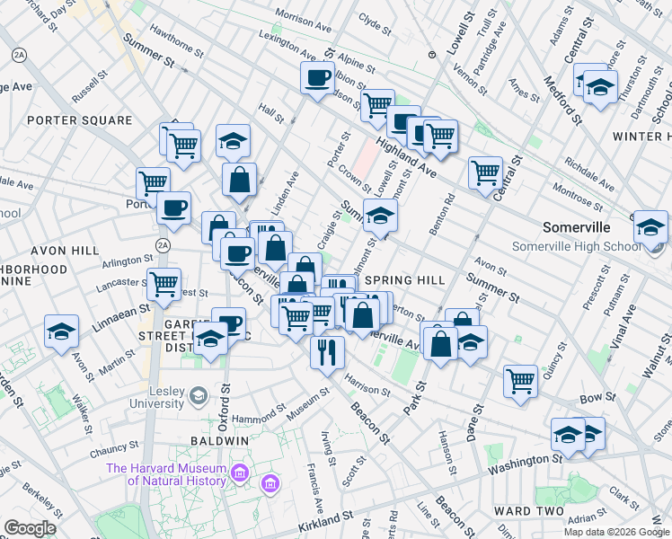 map of restaurants, bars, coffee shops, grocery stores, and more near 22 Belmont Street in Somerville