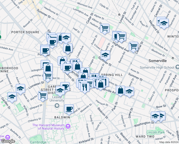 map of restaurants, bars, coffee shops, grocery stores, and more near 14 Ibbetson Street in Somerville