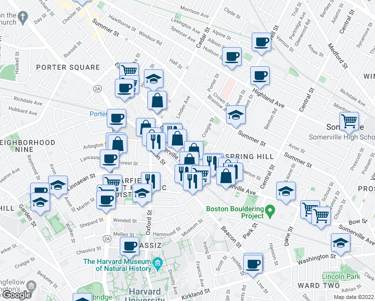map of restaurants, bars, coffee shops, grocery stores, and more near 693 Somerville Avenue in Somerville