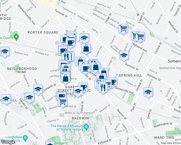 map of restaurants, bars, coffee shops, grocery stores, and more near 345 Beacon Street in Somerville