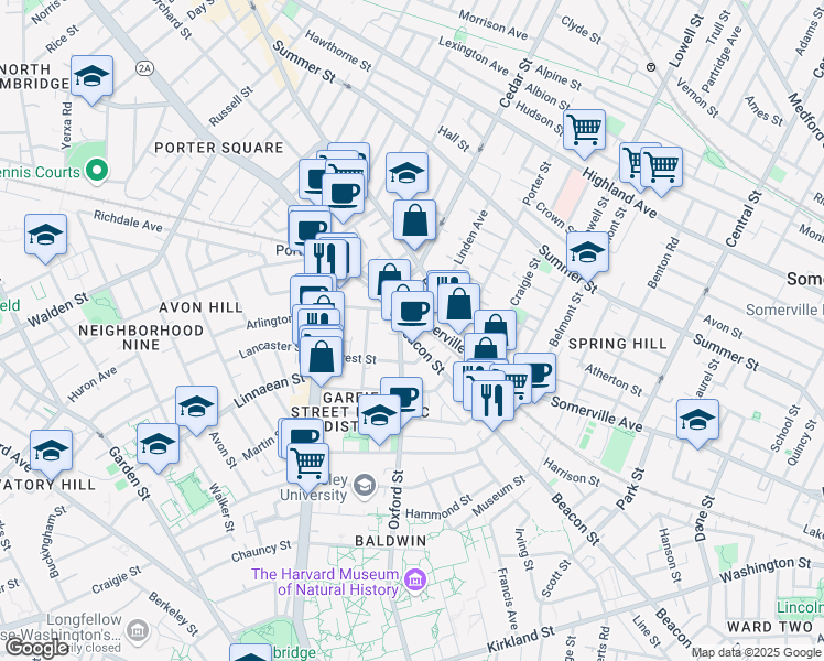 map of restaurants, bars, coffee shops, grocery stores, and more near 345 Beacon Street in Somerville