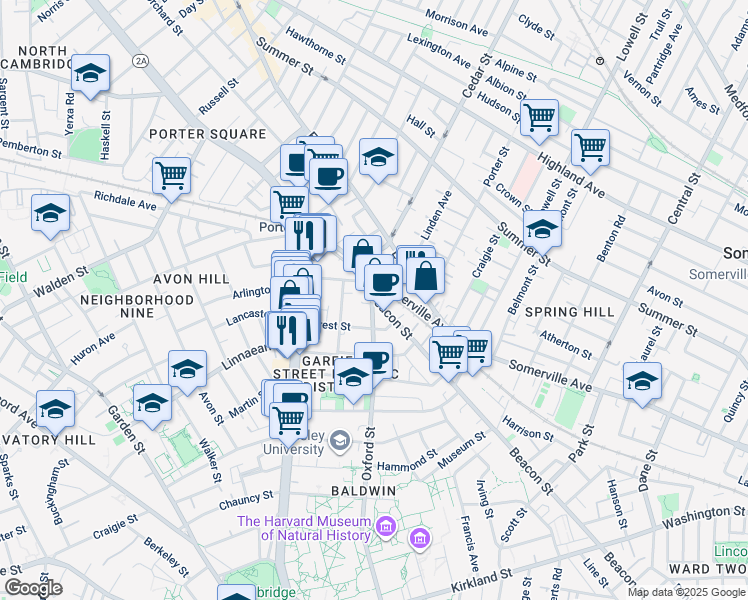 map of restaurants, bars, coffee shops, grocery stores, and more near 133 Oxford Street in Cambridge