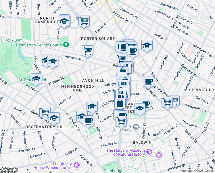 map of restaurants, bars, coffee shops, grocery stores, and more near 32 Lancaster Street in Cambridge