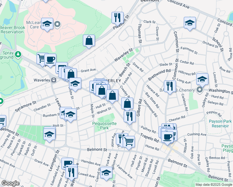 map of restaurants, bars, coffee shops, grocery stores, and more near 25 Wilson Avenue in Belmont