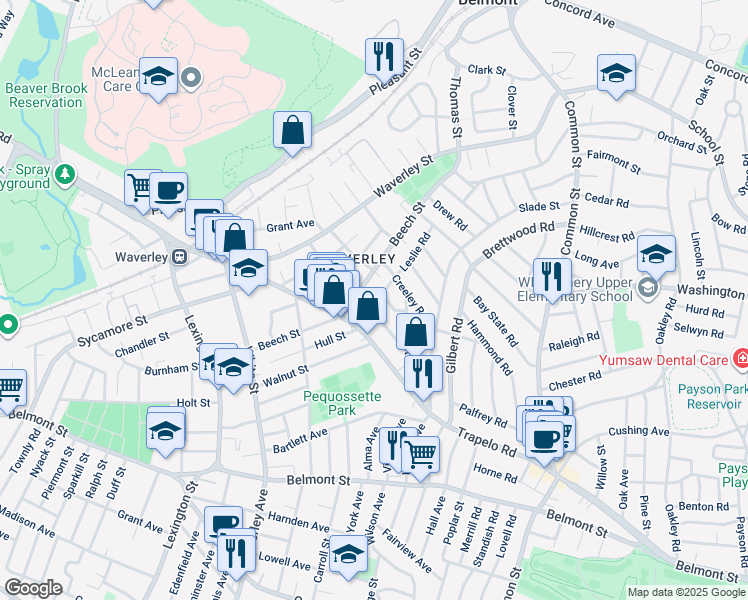 map of restaurants, bars, coffee shops, grocery stores, and more near 25 Wilson Avenue in Belmont