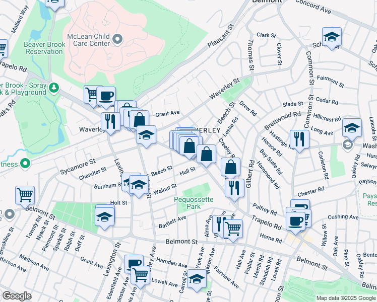 map of restaurants, bars, coffee shops, grocery stores, and more near 362 Trapelo Road in Belmont
