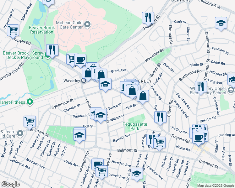 map of restaurants, bars, coffee shops, grocery stores, and more near 16 Maple Street in Belmont