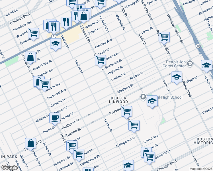 map of restaurants, bars, coffee shops, grocery stores, and more near 2649 Richton Street in Detroit