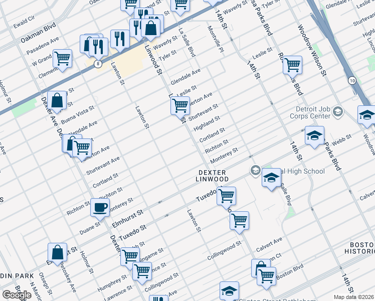 map of restaurants, bars, coffee shops, grocery stores, and more near 2649 Richton Street in Detroit