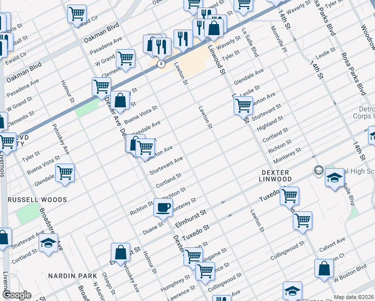 map of restaurants, bars, coffee shops, grocery stores, and more near 3211 Sturtevant Street in Detroit