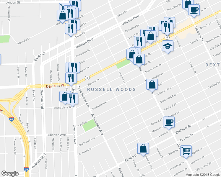 map of restaurants, bars, coffee shops, grocery stores, and more near 4239 Buena Vista Street in Detroit