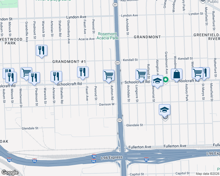 map of restaurants, bars, coffee shops, grocery stores, and more near 13580 Ashton Road in Detroit