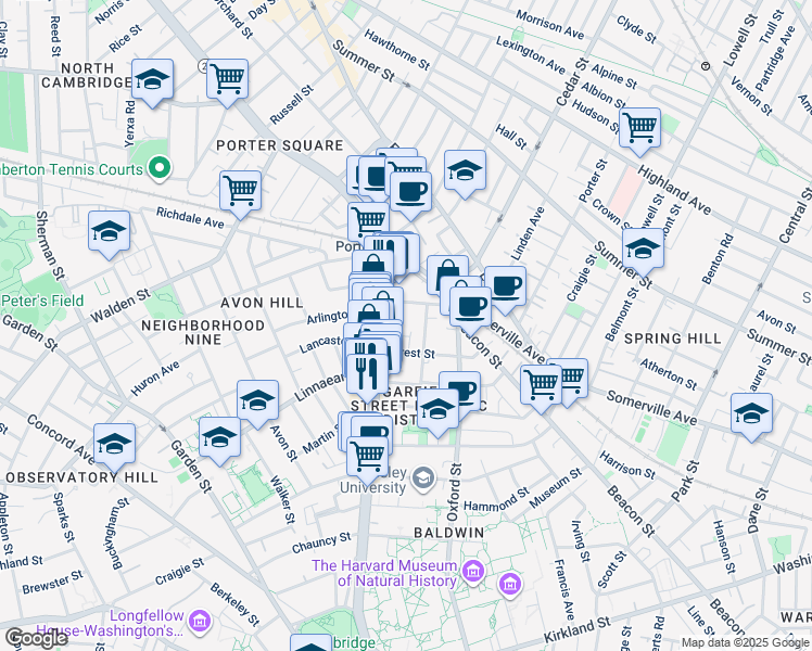 map of restaurants, bars, coffee shops, grocery stores, and more near 1785 Massachusetts Avenue in Cambridge
