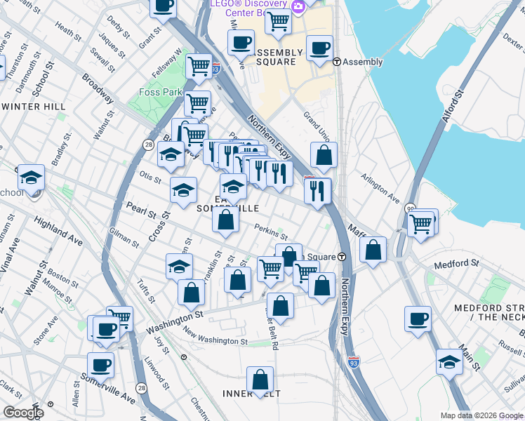map of restaurants, bars, coffee shops, grocery stores, and more near 129 Perkins Street in Somerville