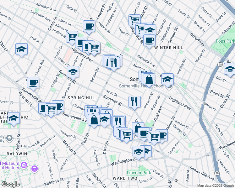 map of restaurants, bars, coffee shops, grocery stores, and more near 117 Summer Street in Somerville
