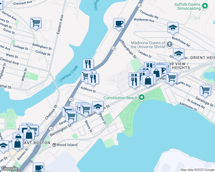 map of restaurants, bars, coffee shops, grocery stores, and more near 144 Addison Street in Boston