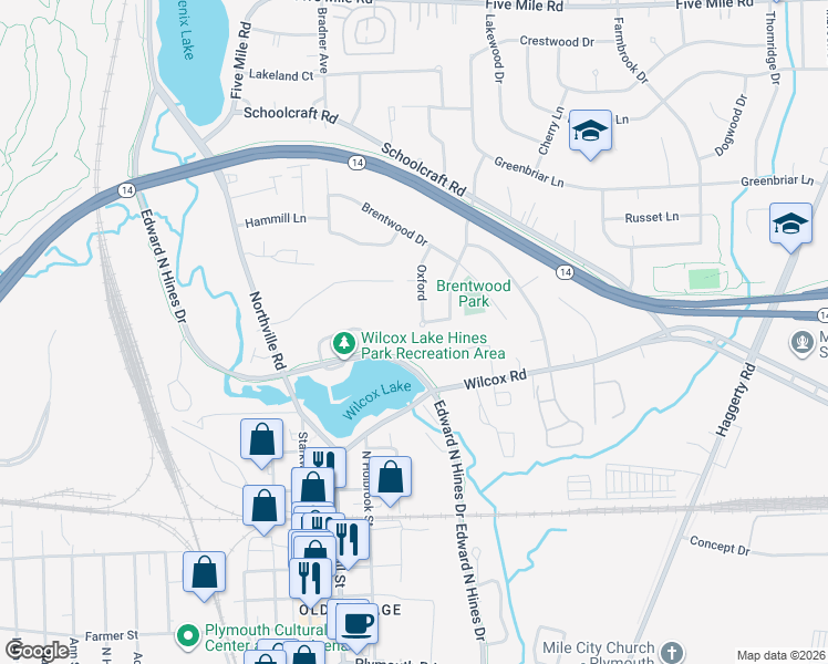 map of restaurants, bars, coffee shops, grocery stores, and more near 42071 Clemons Drive in Plymouth