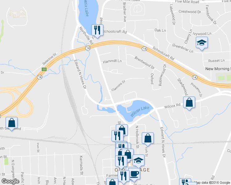 map of restaurants, bars, coffee shops, grocery stores, and more near 42599 Clemons Drive in Plymouth