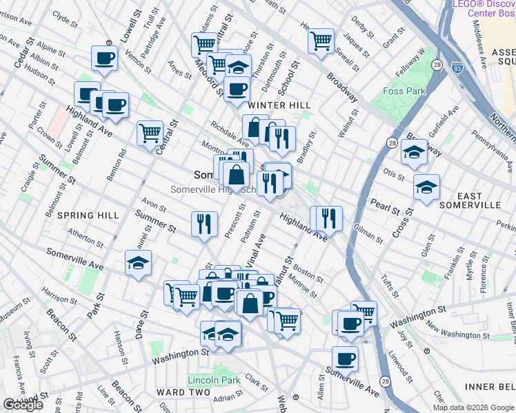 map of restaurants, bars, coffee shops, grocery stores, and more near 76 Highland Avenue in Somerville