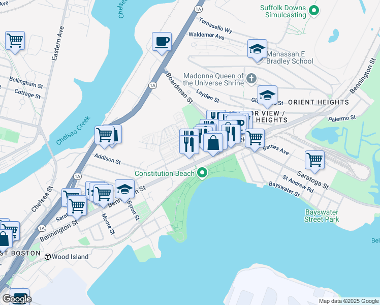 map of restaurants, bars, coffee shops, grocery stores, and more near Saratoga Street & Trident Street in Boston