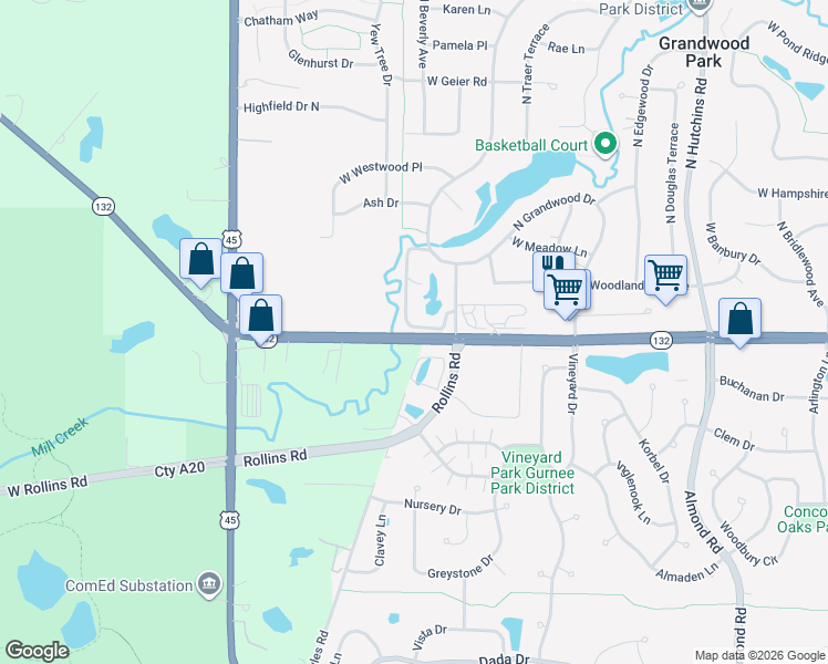 map of restaurants, bars, coffee shops, grocery stores, and more near 18734 West Grand Avenue in Lake Villa
