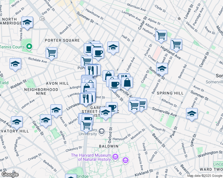 map of restaurants, bars, coffee shops, grocery stores, and more near 133 Oxford Street in Cambridge