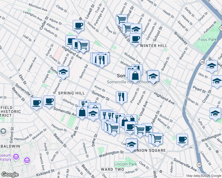 map of restaurants, bars, coffee shops, grocery stores, and more near 27 Avon Street in Somerville