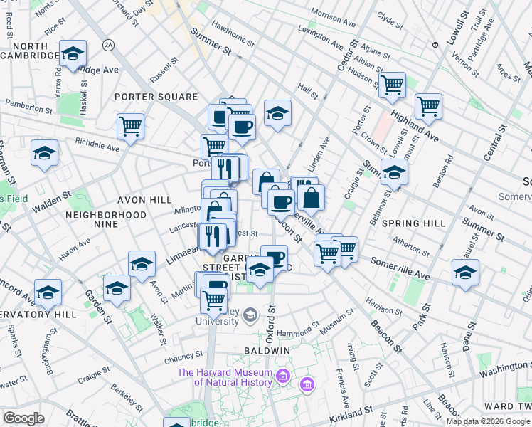 map of restaurants, bars, coffee shops, grocery stores, and more near 133 Oxford Street in Cambridge