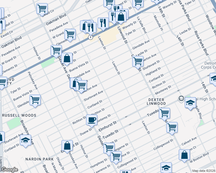 map of restaurants, bars, coffee shops, grocery stores, and more near 3211 Sturtevant Street in Detroit