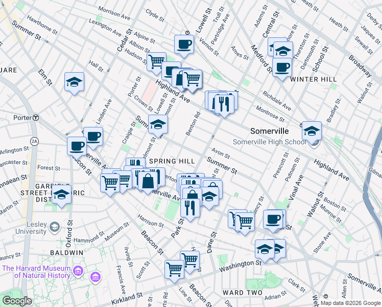 map of restaurants, bars, coffee shops, grocery stores, and more near 9 Monmouth Street in Somerville