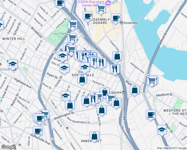 map of restaurants, bars, coffee shops, grocery stores, and more near 129 Perkins Street in Somerville
