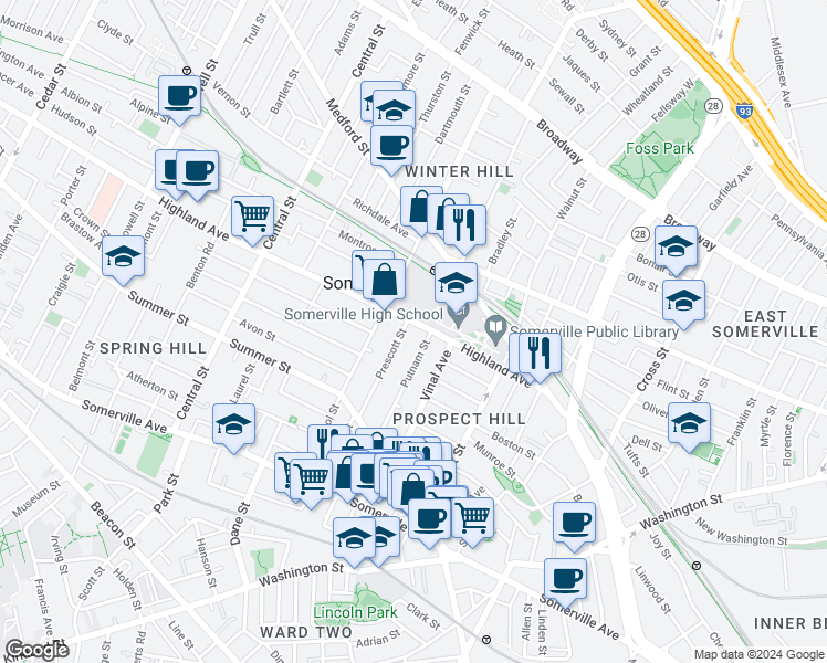 map of restaurants, bars, coffee shops, grocery stores, and more near 61 Putnam Street in Somerville