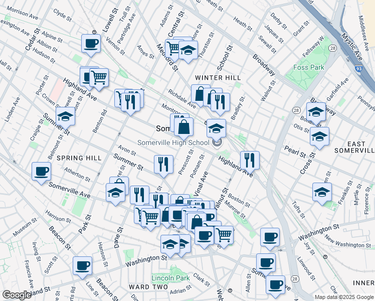 map of restaurants, bars, coffee shops, grocery stores, and more near 44 Prescott Street in Somerville