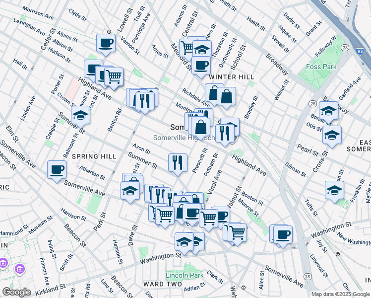map of restaurants, bars, coffee shops, grocery stores, and more near 90 School Street in Somerville
